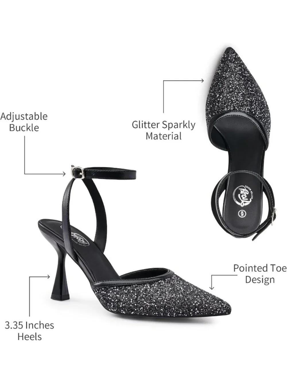 Women's Black Slingback Pointed Toe Stiletto Heels Ankle Strap Dress Shoes